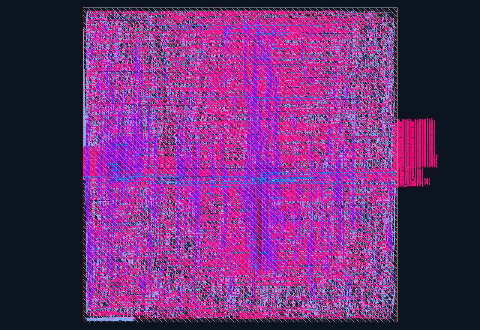 AI MAC — INT8 Systolic GEMM Tile routed place-and-route layout on the Nangate45 PDK